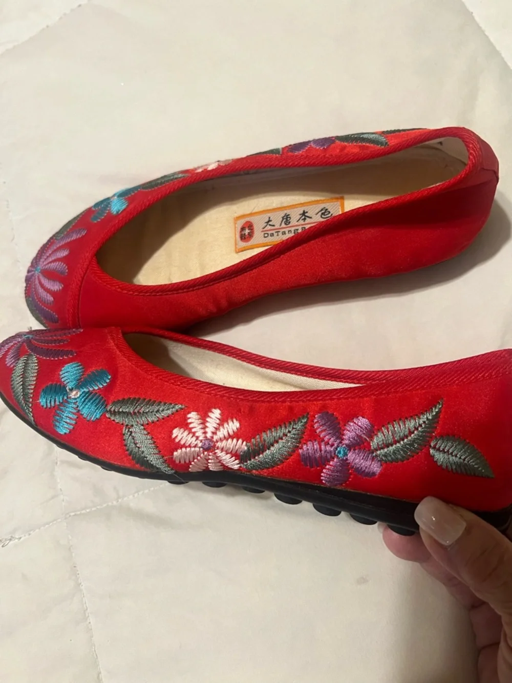 Red Embroidered Satin Slip-On Flats from China - Picture 2 of 4